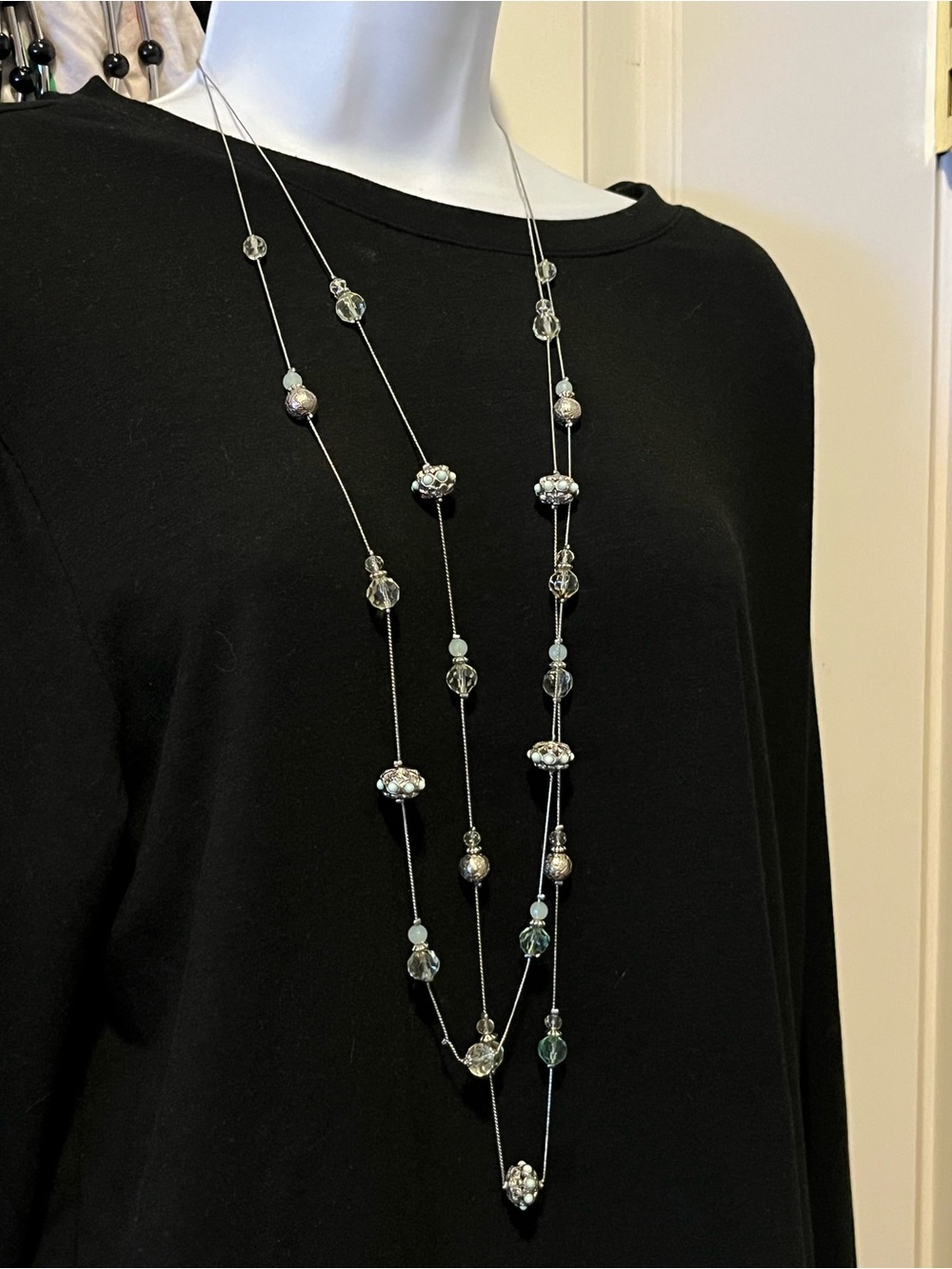 1946 Long Silver Crystal Beaded Necklace -